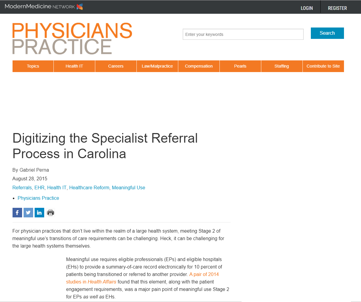 Physicians Practice Article About Wake Med and Referral Management